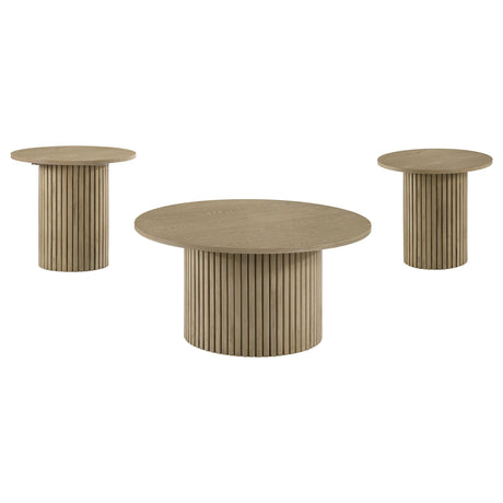 Hamlyn Natural Oak 3-Piece Round Fluted Coffee and End Table Set from Coaster - Luna Furniture