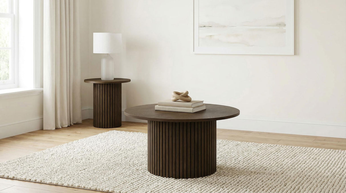 Hamlyn Walnut 2-Piece Round Fluted Coffee and End Table Set from Coaster - Luna Furniture