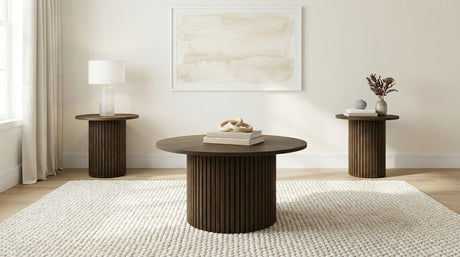 Hamlyn Walnut 3-Piece Round Fluted Coffee and End Table Set from Coaster - Luna Furniture