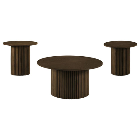 Hamlyn Walnut 3-Piece Round Fluted Coffee and End Table Set from Coaster - Luna Furniture