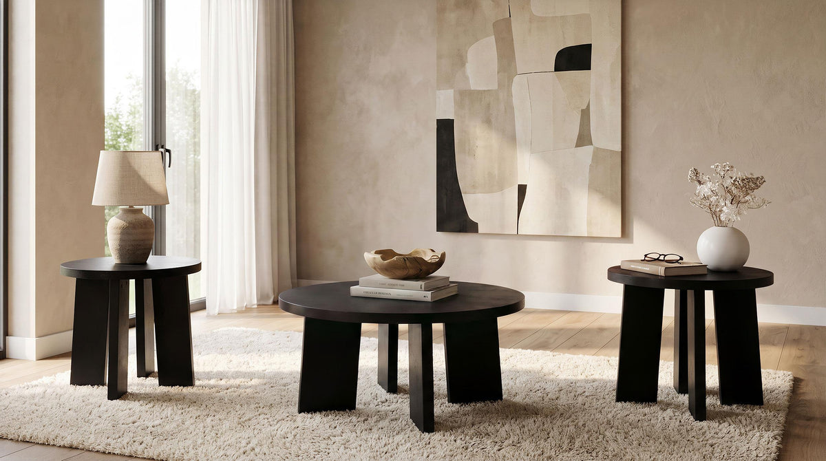 Strouse Black 3-Piece Round Coffee and End Table Set
