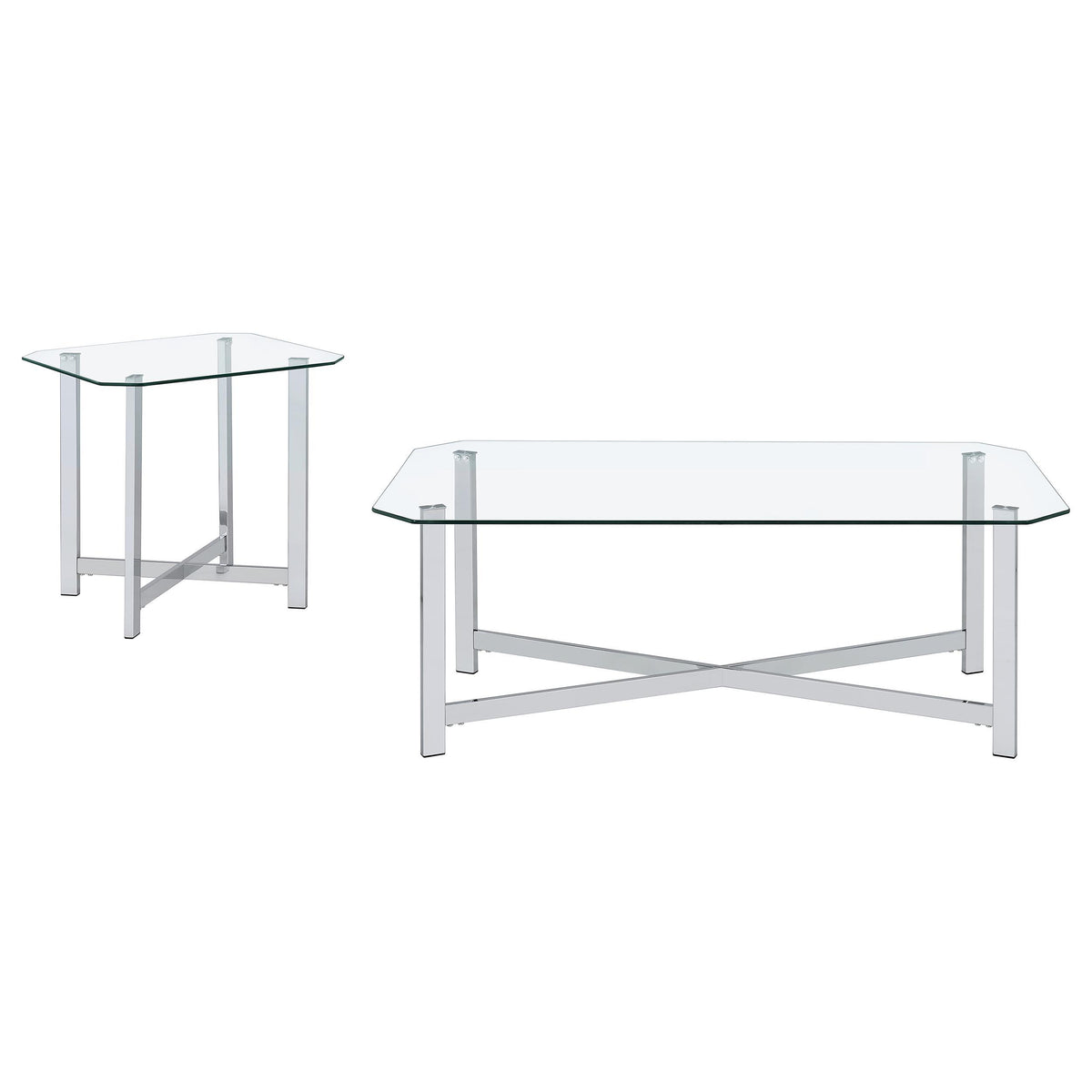 Cronin Chrome coffee table set, two clear glass tables, white background front view