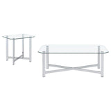 Cronin Chrome coffee table set, two clear glass tables, white background front view