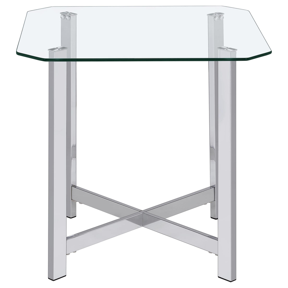 Cronin Chrome end table, clear tempered glass top, chrome square legs, close-up