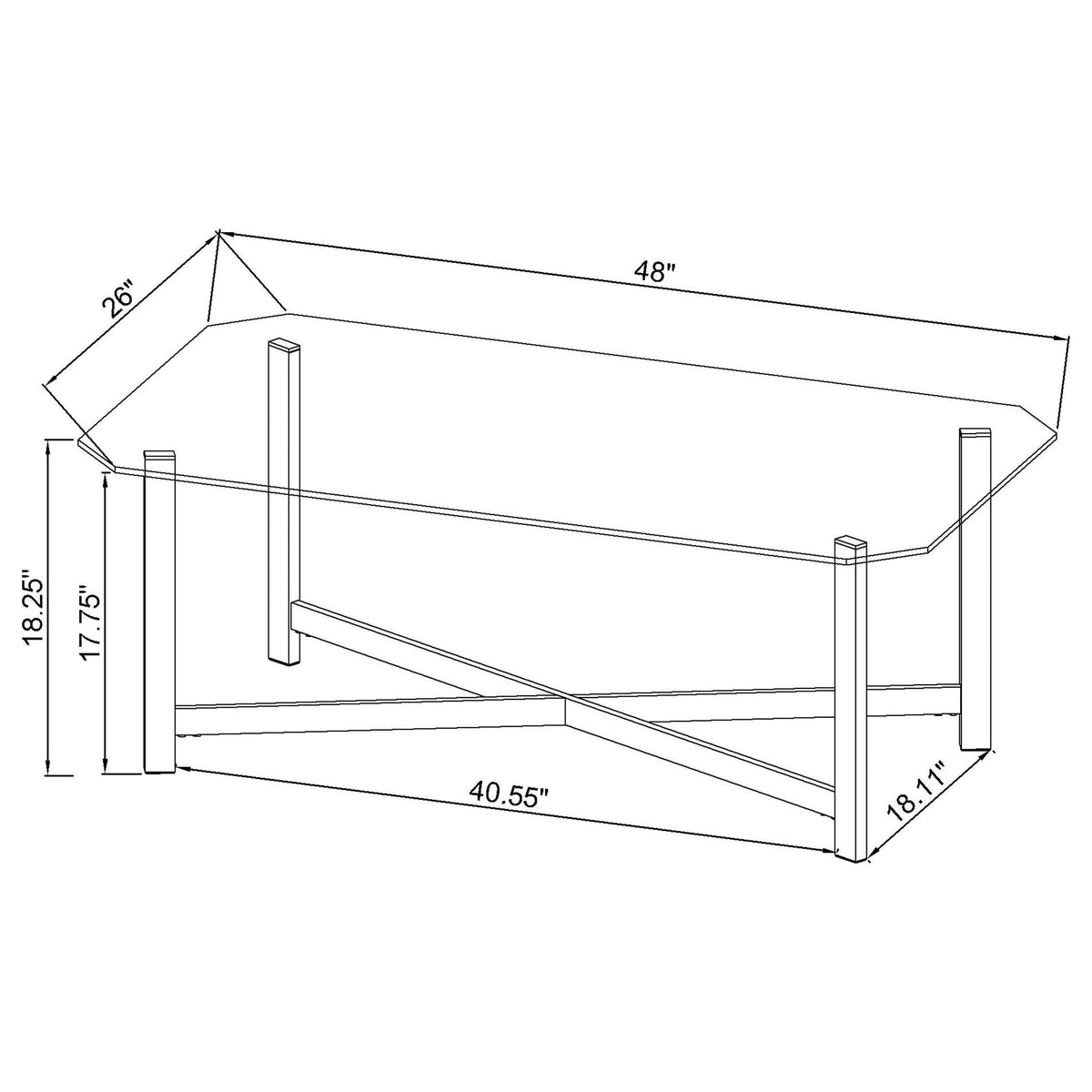 Cronin Chrome coffee table dimensions diagram, 48-inch wide tempered glass top