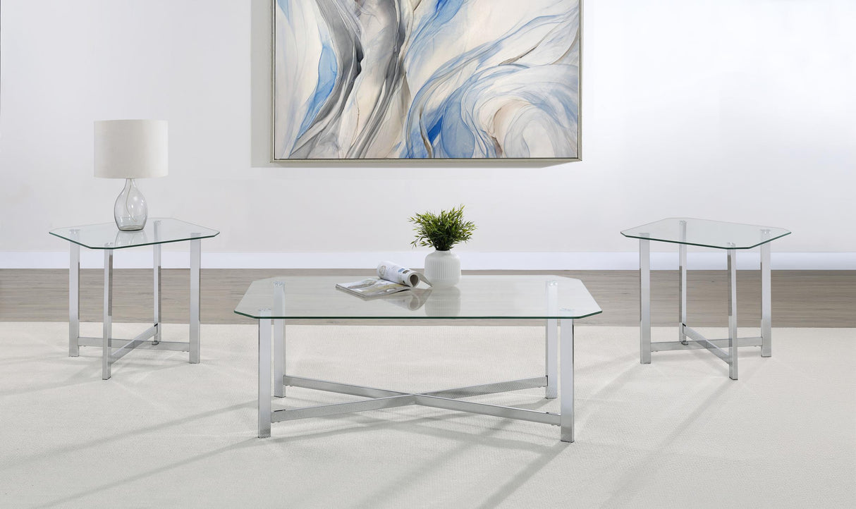 Cronin Chrome 3-piece Tempered Glass Top Coffee Table Set from Coaster - Luna Furniture