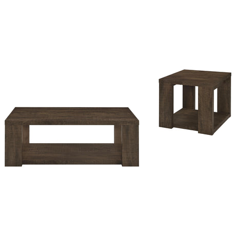 Pavone Dark Rustic Mango 2-Piece Coffee and End Table Set with Open Shelves from Coaster - Luna Furniture