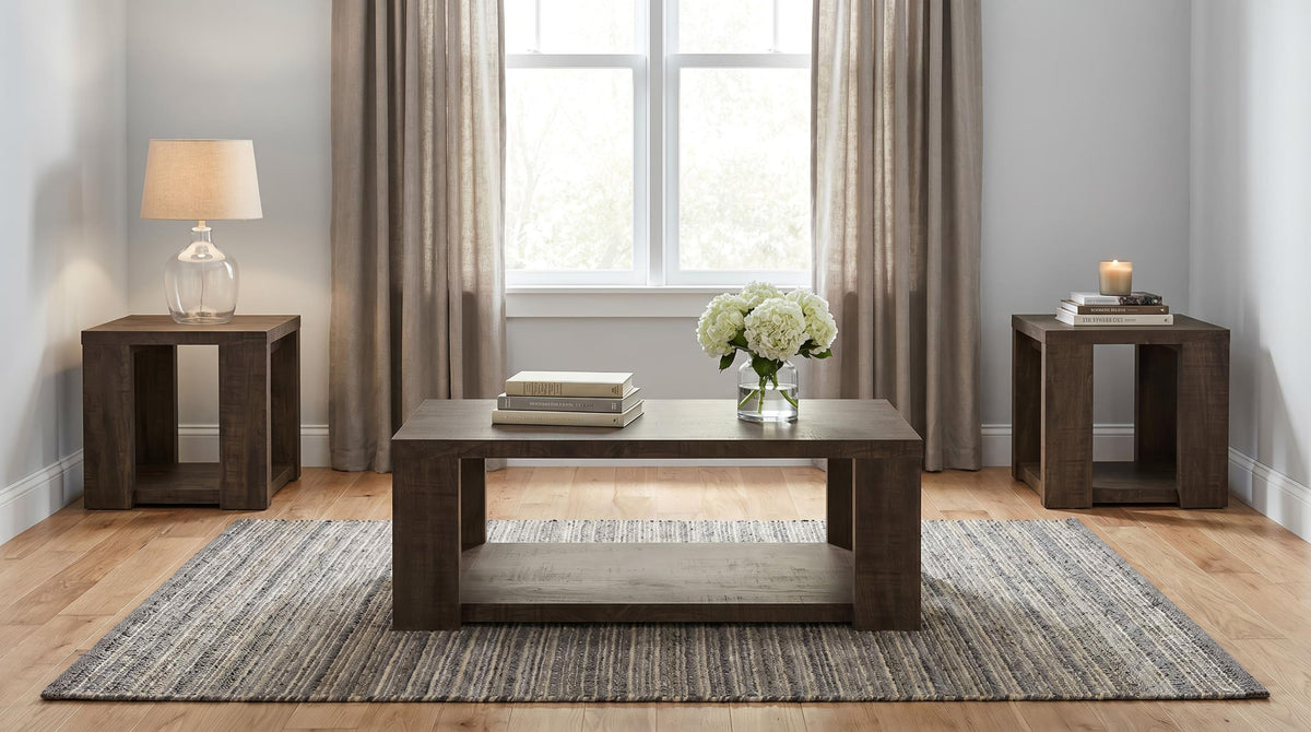Pavone Dark Rustic Mango 3-Piece Coffee and End Table Set with Open Shelves from Coaster - Luna Furniture