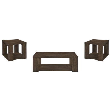 Pavone Dark Rustic Mango 3-Piece Coffee and End Table Set with Open Shelves from Coaster - Luna Furniture