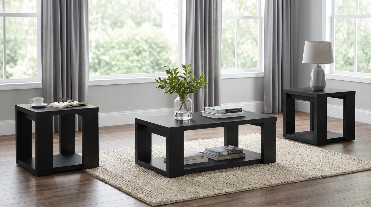 Pavone Black 3-Piece Transitional Coffee and End Table Set with Shelves from Coaster - Luna Furniture