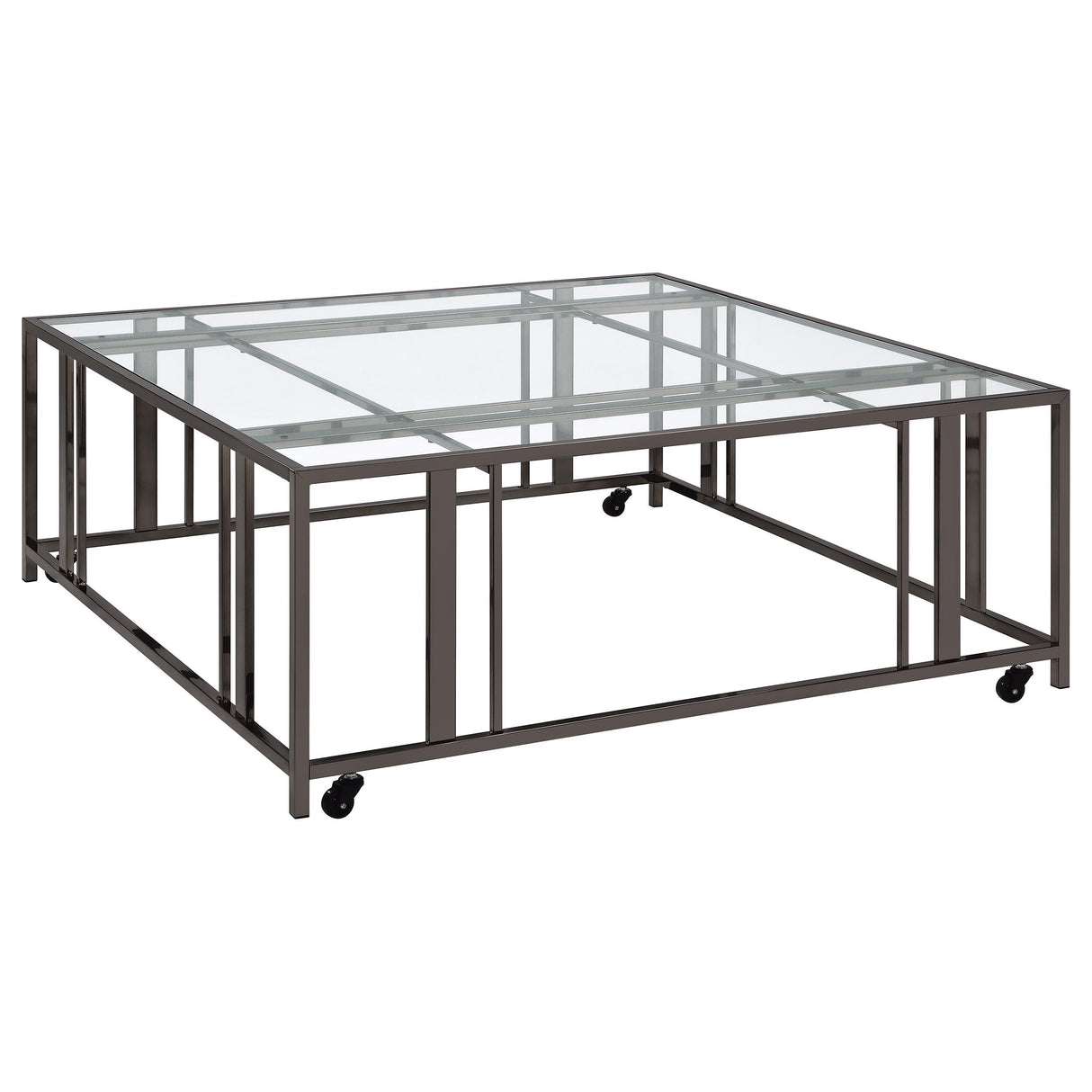 Adri Black Nickel Square Glass Top Coffee Table with Casters from Coaster - Luna Furniture