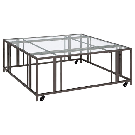 Adri Black Nickel Square Glass Top Coffee Table with Casters from Coaster - Luna Furniture