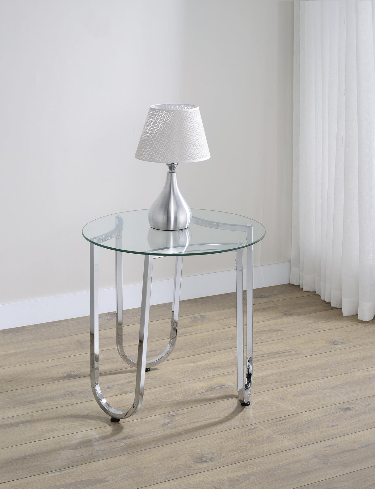 Beller Chrome Round Tempered Glass Top End Side Table from Coaster - Luna Furniture