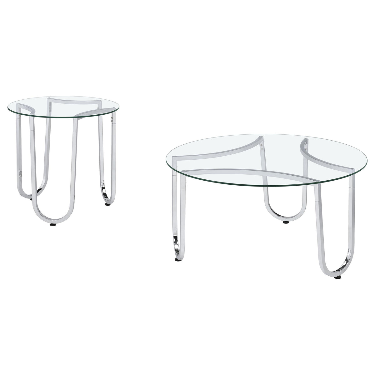 Beller Chrome 2-piece coffee table set, round glass tops and chrome bases, front studio view