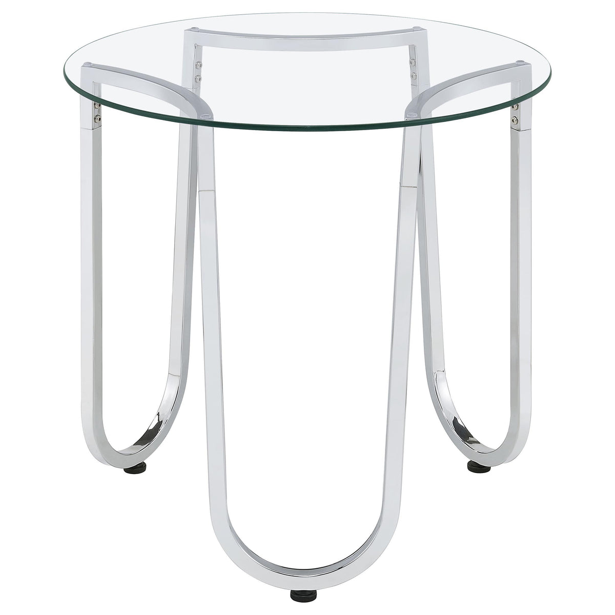 Beller Chrome coffee table, clear glass top and chrome U-base, angled side view