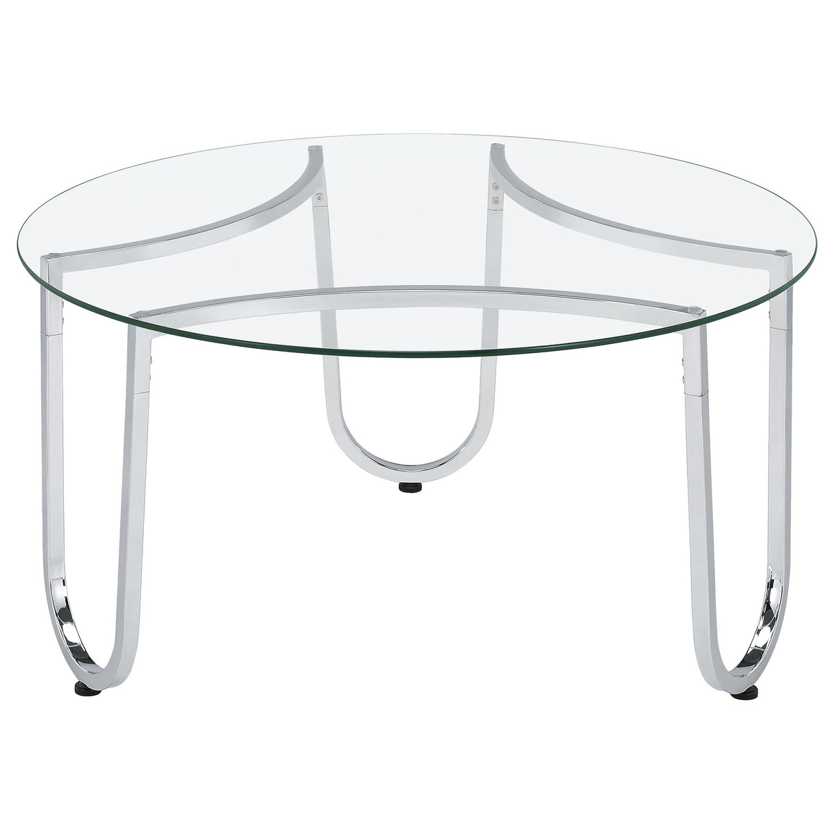 Beller Chrome coffee table, round tempered glass top and chrome sculptural base, angled view