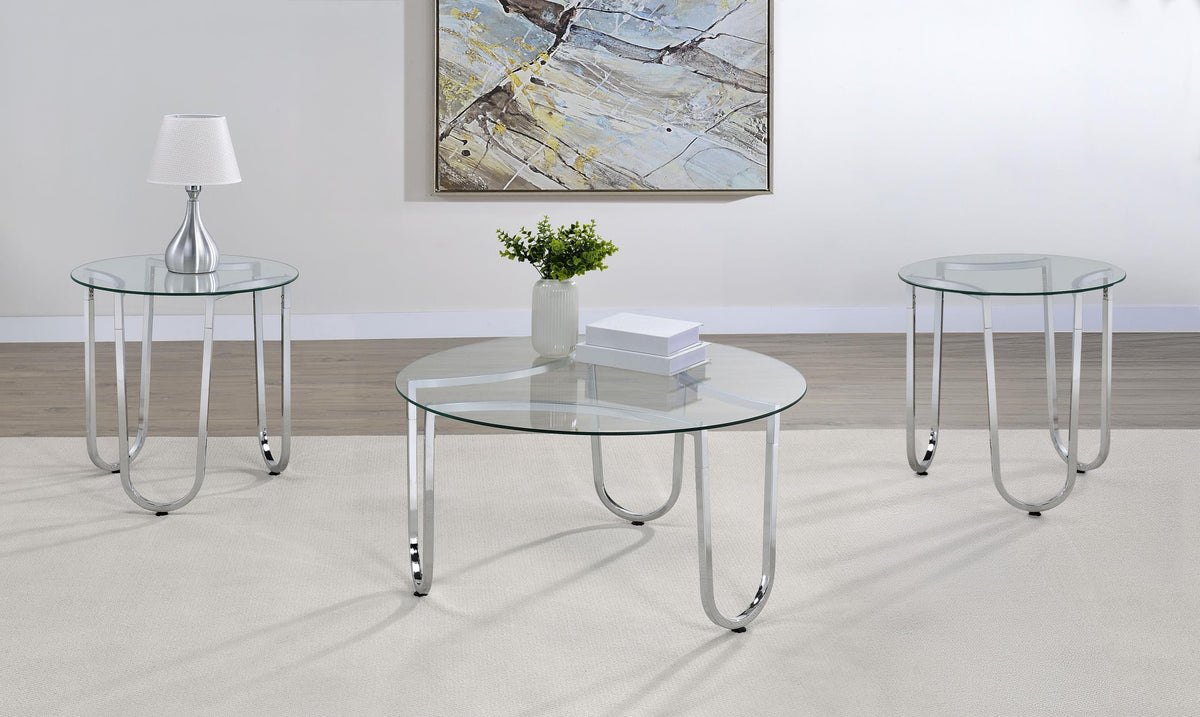 Beller Chrome 3-piece round coffee table set, tempered glass tops and chrome loop legs, living room view