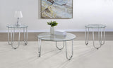 Beller Chrome 3-piece round coffee table set, tempered glass tops and chrome loop legs, living room view
