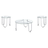 Beller Chrome 3-piece round coffee table set, three sizes with tempered glass tops and chrome loop bases