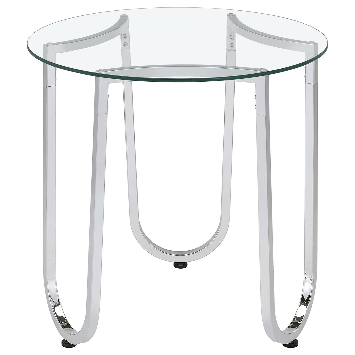 Beller Chrome coffee table, round glass top and chrome loop-leg detail, front view