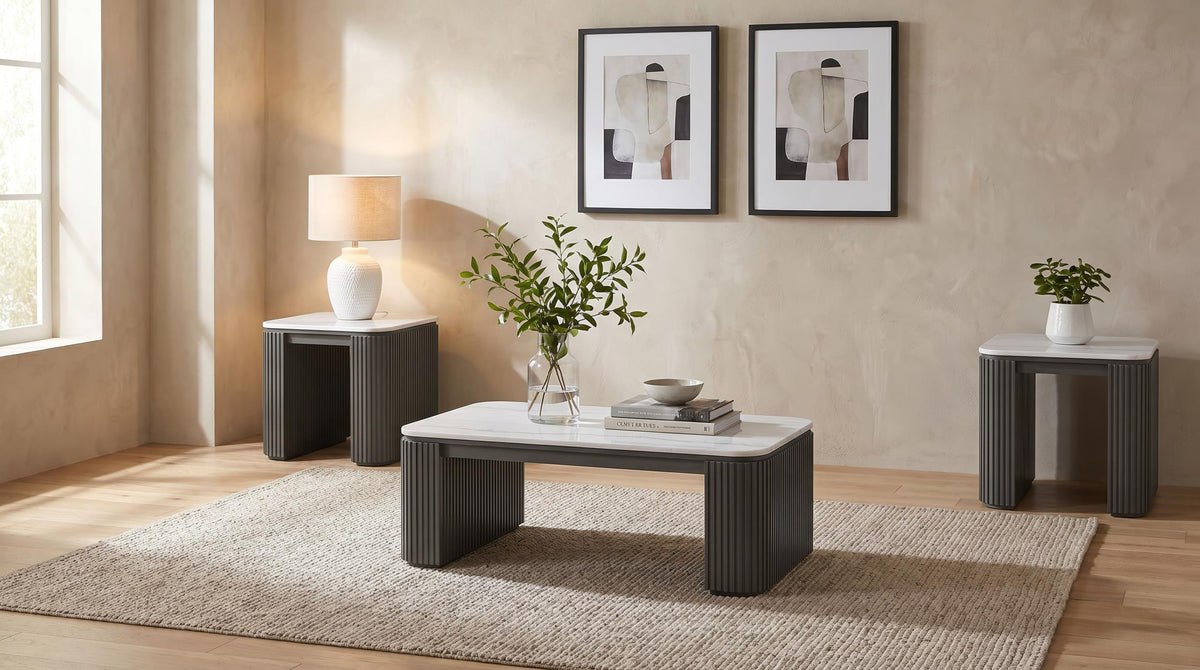 Lior Charcoal 3-Piece Rectangular Marble Top Coffee and End Table Set from Coaster - Luna Furniture