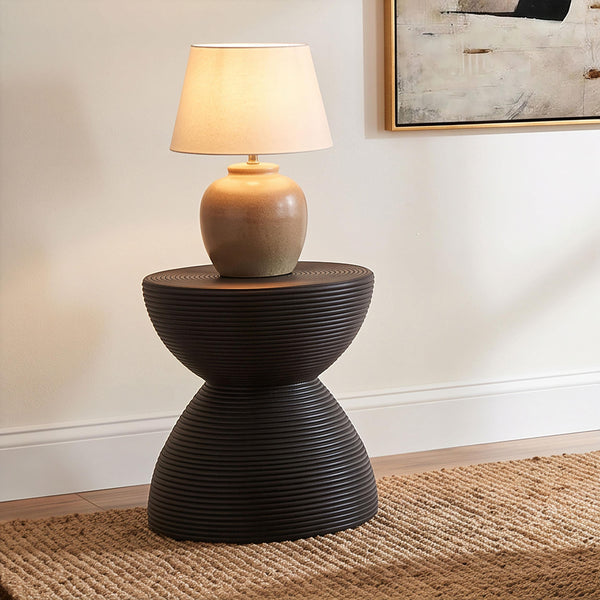 Macedo Black Round Ribbed Rattan Drum End Table