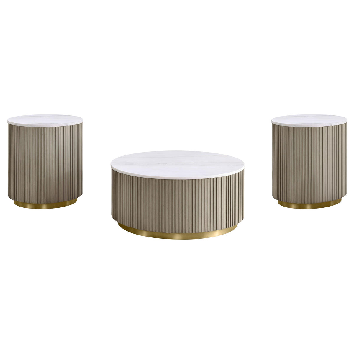 Jason Greige/White 3-piece coffee table set, round marble tops, isolated front view
