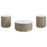 Jason Greige/White 3-piece coffee table set, round marble tops, isolated front view