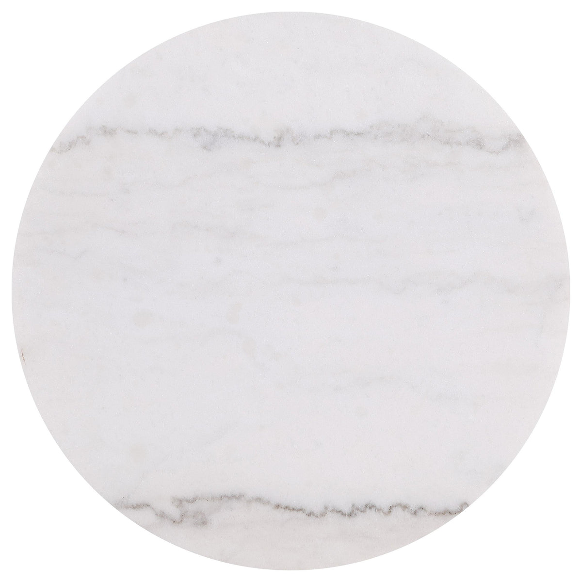 Jason Greige/White round marble tabletop, soft gray veining detail