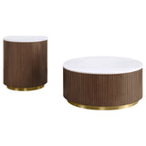 Jason 2-piece round coffee table set, white marble tops and honey brown fluted bases