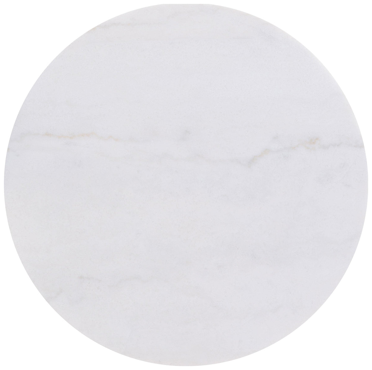 Jason large round coffee table, white marble top and honey brown fluted base, front view