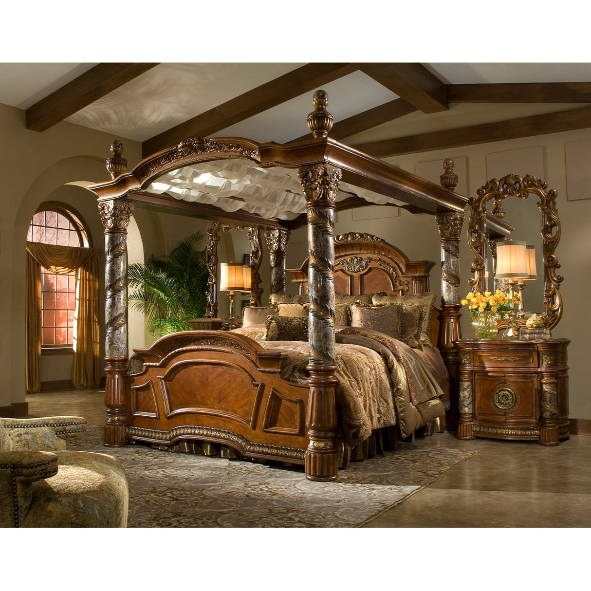 Villa Valencia® Classic Chestnut Eastern King Canopy Bed from Michael Amini - Luna Furniture