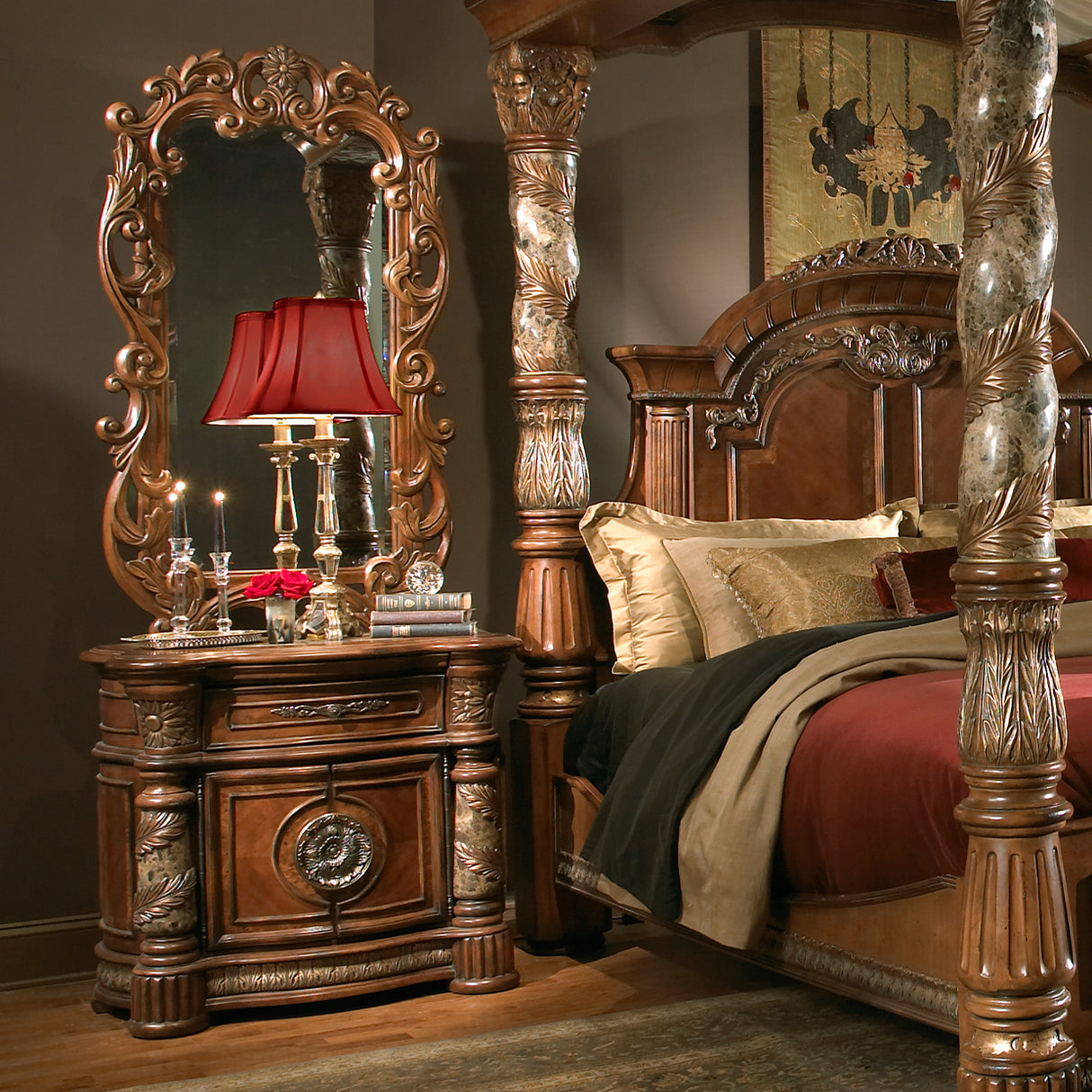 Villa Valencia Classic Chestnut Bedside Chest With Mirror from Michael Amini - Luna Furniture