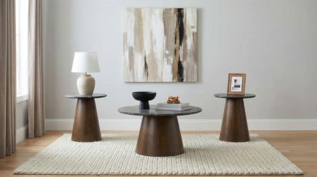 Franklin 3-piece coffee table set styled in living room, gray tops and dark wood bases