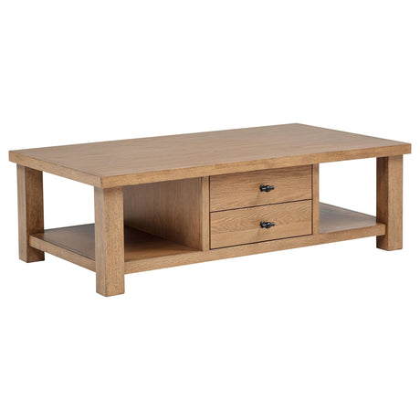 Beasley Golden Oak 2-Drawer Wood Coffee Table from Coaster - Luna Furniture