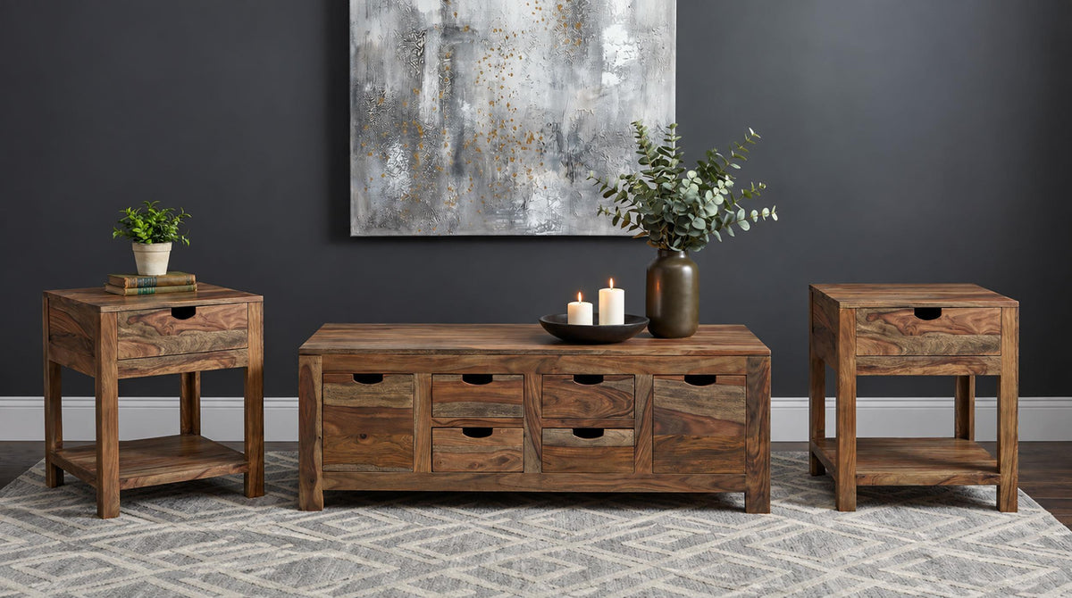 Esther Natural 3-Piece Solid Sheesham Coffee and End Table Set from Coaster - Luna Furniture