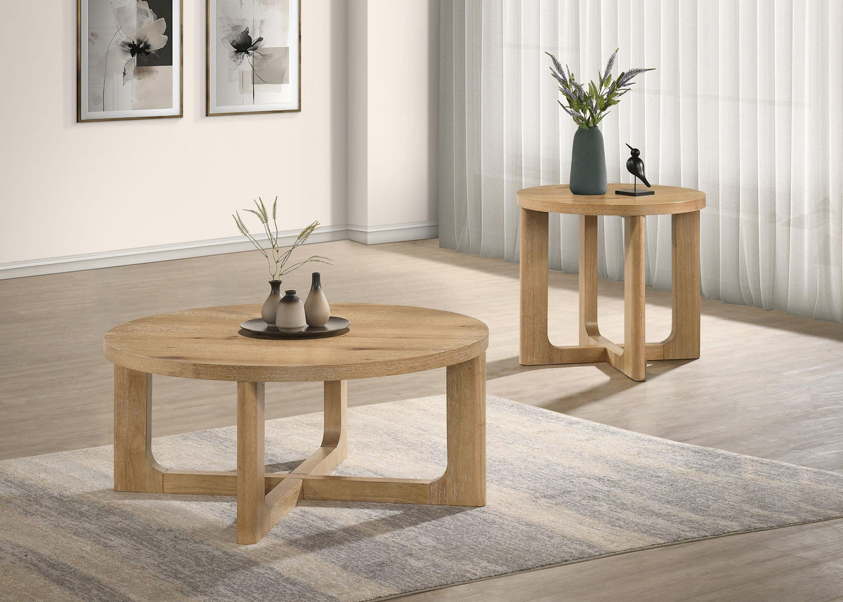 Kessler Light 2-piece round coffee table set, light oak finish, sculptural open bases, lifestyle view