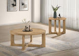 Kessler Light 2-piece round coffee table set, light oak finish, sculptural open bases, lifestyle view