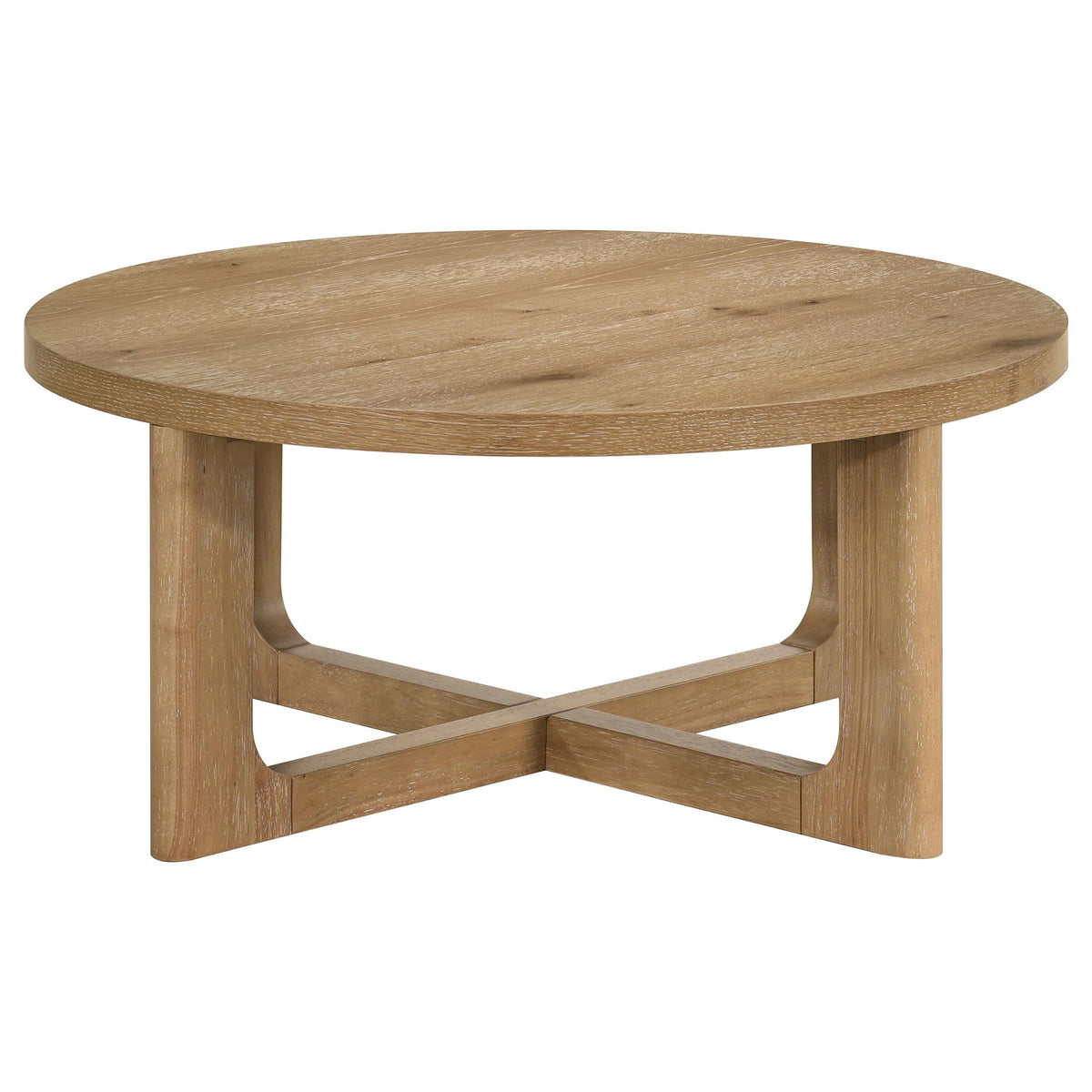 Kessler Light coffee table, sculptural crossed base, light oak finish, side view