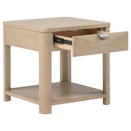 Marcelo Light Elm Wood End Table with Drawer and Shelf from Coaster - Luna Furniture
