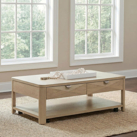 Marcelo Light Elm Wood Coffee Table with 2 Drawers and Shelf from Coaster - Luna Furniture