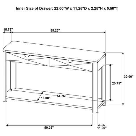 Marcelo Light Elm Sofa Console Table with 2 Drawers and Shelf from Coaster - Luna Furniture