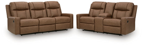 Mackmenville Caramel Reclining Sofa and Reclining Loveseat with Console from Ashley - Luna Furniture