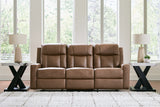 Mackmenville Caramel Reclining Sofa and Reclining Loveseat with Console from Ashley - Luna Furniture