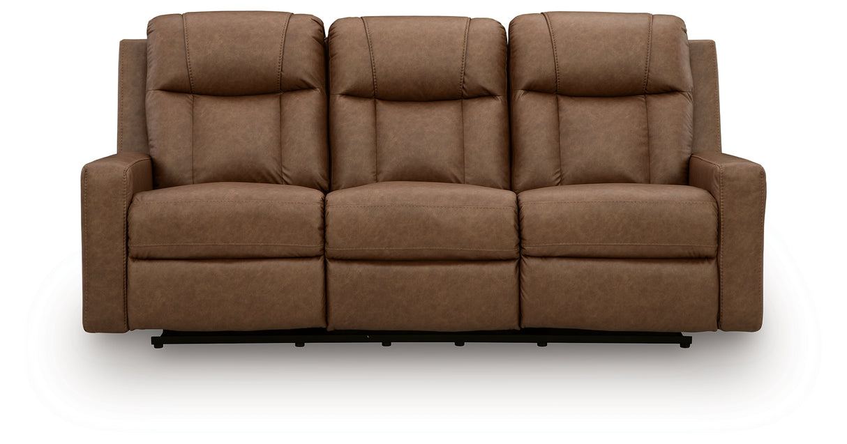 Mackmenville Caramel Reclining Sofa and Reclining Loveseat with Console from Ashley - Luna Furniture