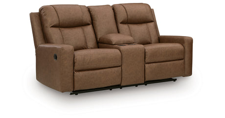 Mackmenville Caramel Reclining Loveseat with Console from Ashley Furniture - Luna Furniture