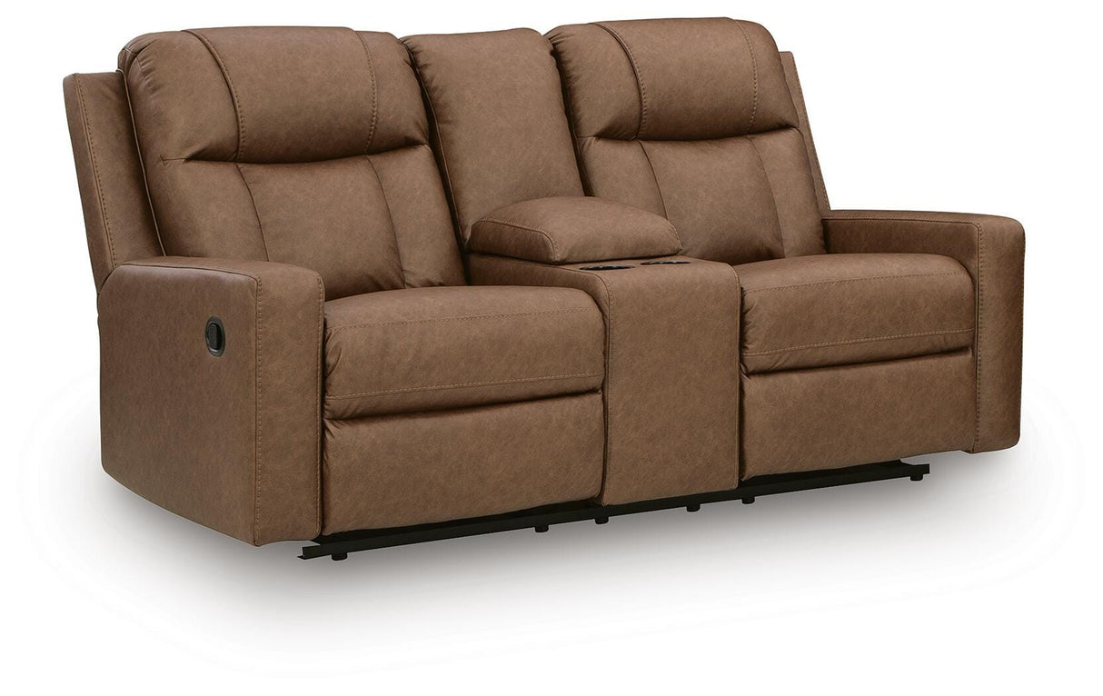 Mackmenville Caramel Reclining Loveseat with Console from Ashley Furniture - Luna Furniture