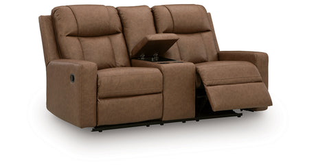 Mackmenville Caramel Reclining Sofa and Reclining Loveseat with Console from Ashley - Luna Furniture