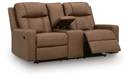 Mackmenville Caramel Reclining Sofa and Reclining Loveseat with Console from Ashley - Luna Furniture
