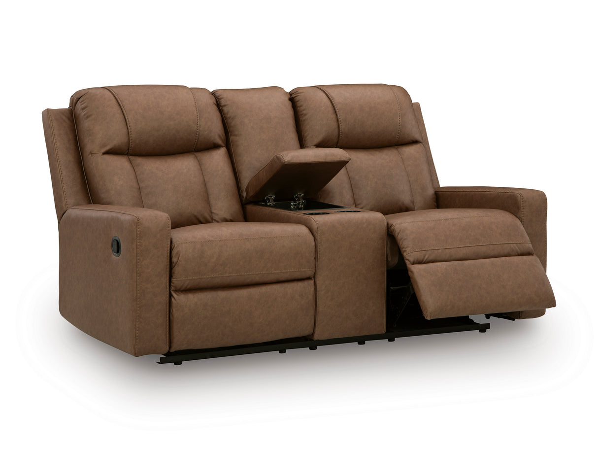 Mackmenville Caramel Reclining Loveseat with Console from Ashley Furniture - Luna Furniture